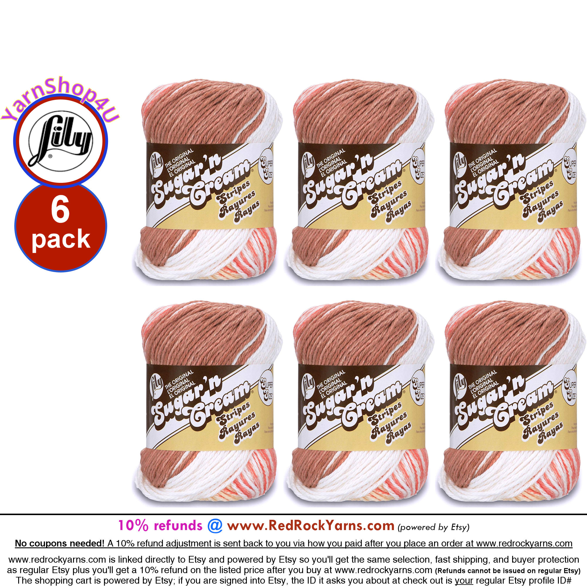 Lily Sugar'N Cream Natural Stripes Yarn - 6 Pack of 57g/2oz