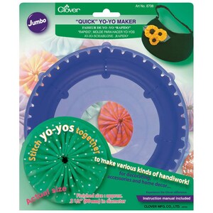 May include: A blue plastic yo-yo maker with a 3 1/2 inch diameter. The maker is labeled "Quick" Yo-Yo Maker and includes instructions. Stitch yo-yos together to make various kinds of handiwork for decorating, accessories, and home decor.