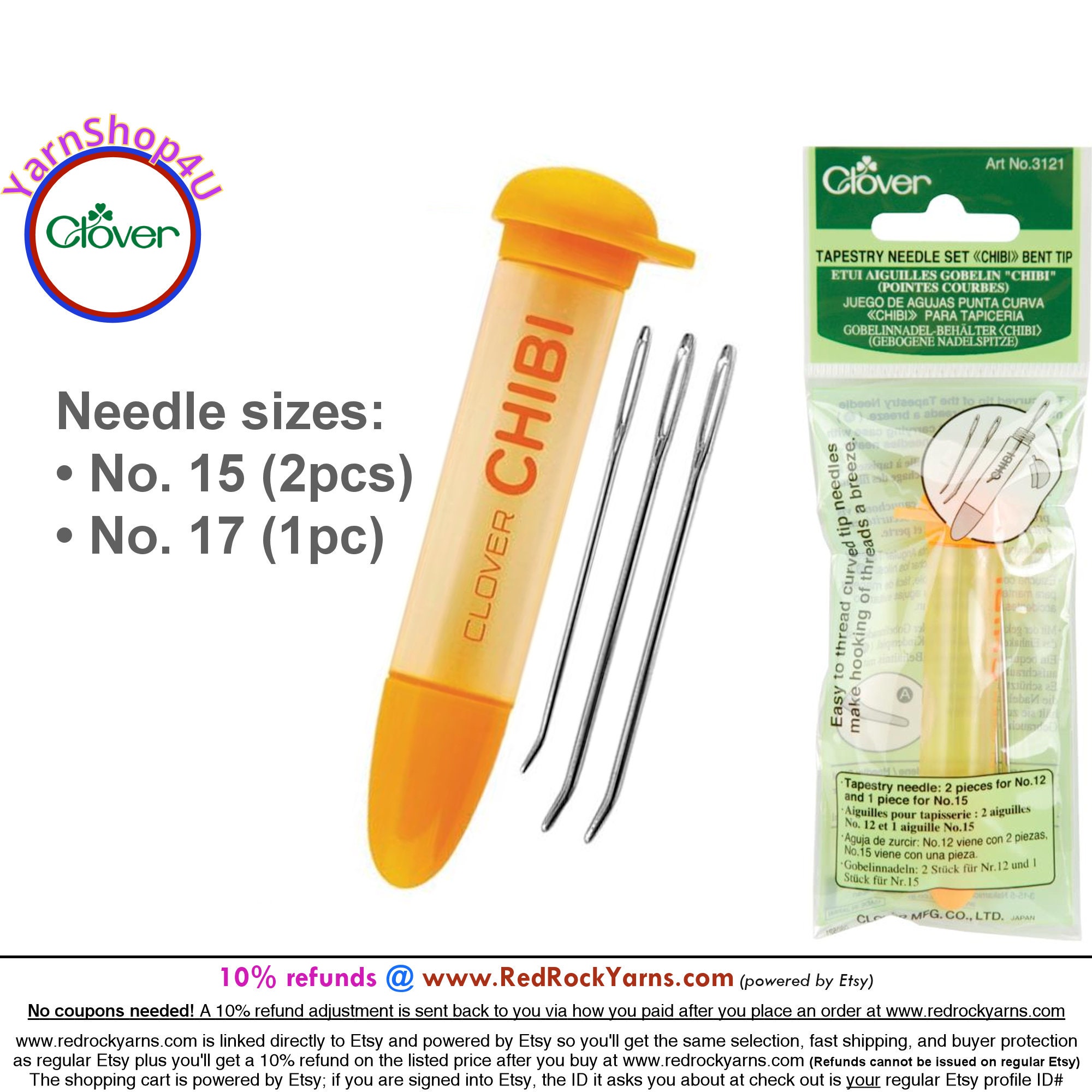 Darning Needle Set Bent Tip by Clover with screw top case. For weaving and sewing with yarn. Art No 3121