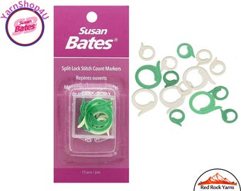 15 Split Lock Stitch Count Markers. Susan Bates. 2 sizes and 2 colors. Flat w/ tight split keeps your marker in place. Reusable case #14220