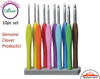 10pc Set Clover Amour Crochet Hook Set. Genuine Clover product! Aluminum head Clover crochet hook set w Comfort Grip Handles. Clover #3672