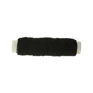 May include: A spool of black elastic cord wrapped around a white plastic cylinder. The cord is wound in a crisscross pattern, creating a textured surface across the length of the spool. The ends of the white plastic core are visible.