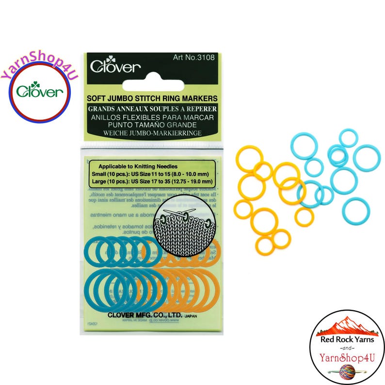 May include: A package of Clover Soft Jumbo Stitch Ring Markers with the text "SOFT JUMBO STITCH RING MARKERS". The package contains blue and orange stitch markers. The package also includes the text "Applicable to Knitting Needles".