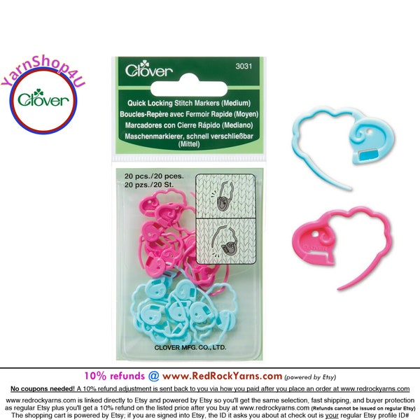 20 Medium Clover Quick Locking Stitch Markers in a reusable vinyl storage pouch. 10 Pink and 10 blue per pack. Clover #3031