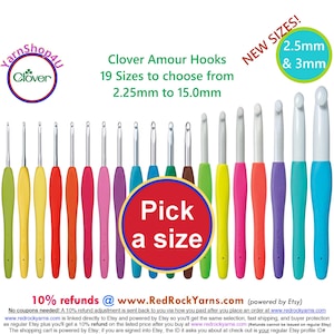Clover Amour Crochet hooks Pick one size or add a bunch to your cart & make your own set. The size is stamped into the easy grip handle.