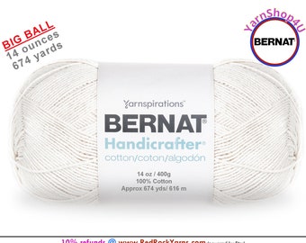 WHITE - 14oz | 674yds Bernat Handicrafter Cotton yarn. 100% cotton Yarn. Great for dish cloths. Big Ball! Item 16202800001