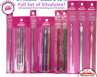 14pc Susan Bates Silvalume Crochet hooks in sizes B to N. A complete set! Sizes B, C, D, E, F, G, 7, H, I, J, K, L, M, N Crochet hook set.