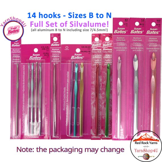 14pc Susan Bates Silvalume Crochet hooks in sizes B to N. A complete set! Sizes B, C, D, E, F, G, 7, H, I, J, K, L, M, N Crochet hook set.