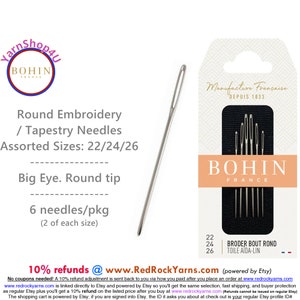 Tapestry Needles 22 24 26. Thick Embroidery needles with a round tip, and big eye. Popular for Cross Stitch. 2ea | 6/pkg Bohin Broder Needle