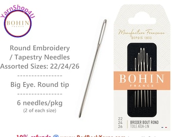 Tapestry Needles 22 24 26. Thick Embroidery needles with a round tip, and big eye. Popular for Cross Stitch. 2ea | 6/pkg Bohin Broder Needle