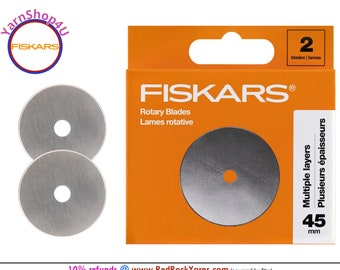 2 Fiskars 45mm Rotary Cutting Blades. 2 blades per package. Fits Fiskars 45mm handles. Cuts batting, multi fabric layers, etc #195310