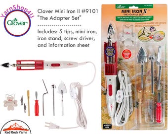 Clover Mini Iron II The Adapter Set includes 5 tips, iron, stand. For Quilting, applique work, doll clothes, etc. SKU 9101
