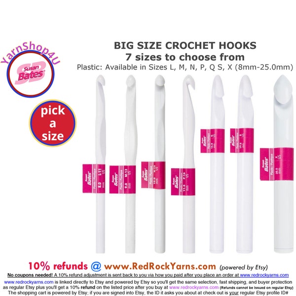 Big Susan Bates Plastic Crochet Hooks. Pick Size: L M N P Q S X (8mm - 25mm) Add each to cart for combined shipping.