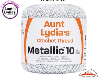 WHITE / SILVER Aunt Lydia's® Cotton Metallic Crochet Thread. 100 yards. Size 10 Lace. 88% Cotton and 12 percent Metallic. 154M-0001S
