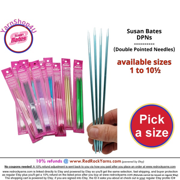 Susan Bates DPNs. Aluminium 7" Silvalume double pointed Needles. Pick a size from 1 - 10.5