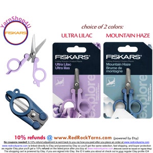 FISKARS Folding Travel Scissors in Ultra Lilac or Mountain Haze. Folds to 2-1/2" TSA compliant. Long lasting Sharp Stainless Steel edge.