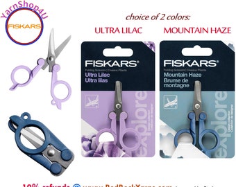 FISKARS Folding Travel Scissors in Ultra Lilac or Mountain Haze. Folds to 2-1/2" TSA compliant. Long lasting Sharp Stainless Steel edge.