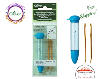 Jumbo Darning Needles by Clover with screw top case. Features a Large Eye, Bent Tip Blunt end. For weaving, and sewing with yarn. Art No 340