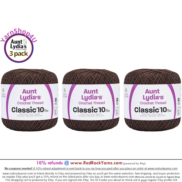 FUDGE BROWN 3 pack! Aunt Lydia's Classic 10 Crochet Thread. 350yds. Item #154-0131