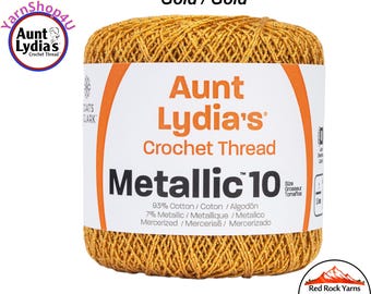 GOLD / GOLD Aunt Lydia's® Cotton Metallic Crochet Thread. 100 yards. Size 10 Lace. 88% Cotton and 12 percent Metallic. 154M-0090G