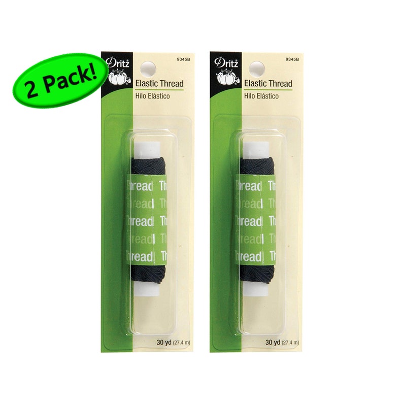 May include: Two packages of Dritz elastic thread, each containing a spool of black thread. The packaging is cream and green with the text Elastic Thread, Hilo El&aacute;stico, and 30 yd (27.4 m) printed on the front. A green oval graphic says 2 Pack!.