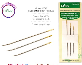 Clover Huck Embroidery Needles (Art No 2012). Curved and rounded tip makes scooping fabric easier. 3 sizes per package. Clover 2012