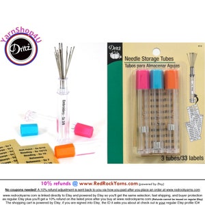 Needle Storage Tubes - 3 clear hexagon shaped tubes per pack. Cap color may vary. Includes 33 pre-printed labels! 3-1/4&quot; x 1/2&quot;. Dritz #812