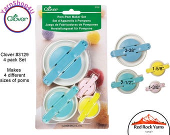 4 pack of POM POM Makers - 4 different sizes in one package! Make perfect size solid or multi color Pom-Poms! Wind, cut, tie, fluff! #3129