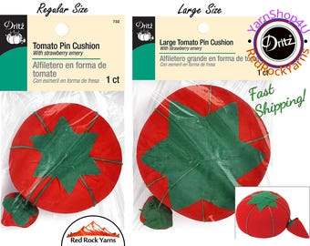 Tomato Pin Cushion with strawberry emery. Choose the Regular or Large size. Classic red color. Dritz 731 or 732 (regular has new packaging)