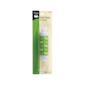May include: A spool of white elastic thread by Dritz, packaged on a green and cream card. The label reads Elastic Thread, Hilo El&aacute;stico, and 30 yd (27.4 m). The thread is wrapped around a white plastic core, visible through a clear plastic blister.