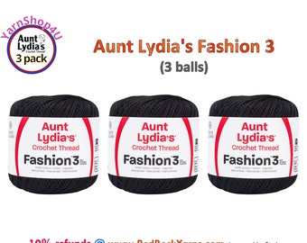 BLACK Fashion 3 Size Aunt Lydia Crochet Thread. One 3 Pack of Aunt Lydia's Fashion 3 Crochet Thread. 3 balls/150yds each. Item #182.0012