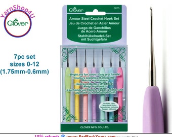 CLOVER AMOUR Steel Crochet Hook Set. 7 small sizes 0-12 with Comfort Grip Handles. For Fine crochet like lace, doilies, thread. #3675