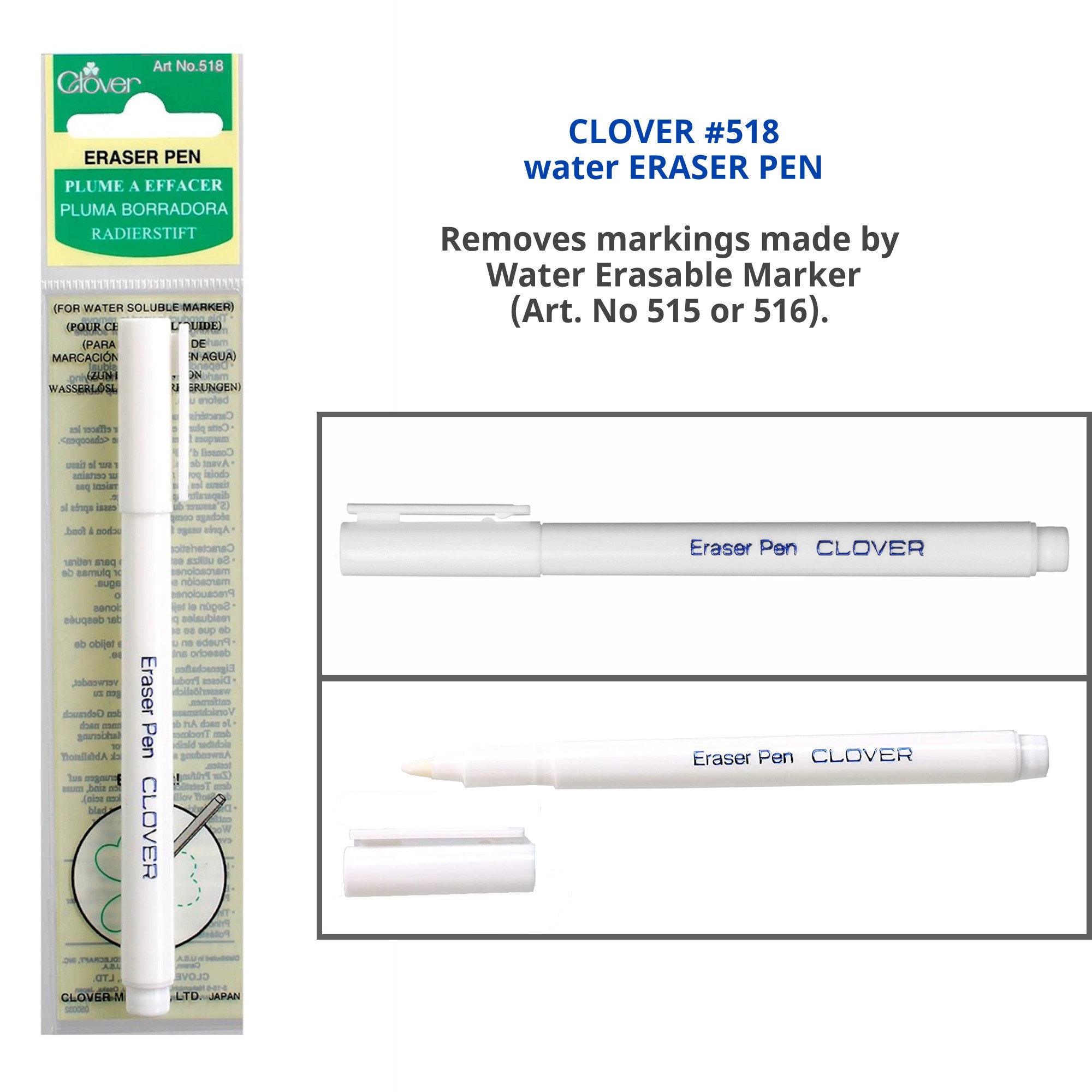 Clover Fabric Pens: Water Erasable Marker Available in Blue FINE 515 or  THICK 516, White Marking Pen FINE 517, or Eraser Pen 518 