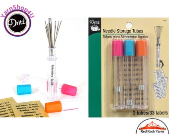 Needle Storage Tubes - 3 clear hexagon shaped tubes per pack. Cap color may vary. Includes 33 pre-printed labels! 3-1/4" x 1/2". Dritz #812