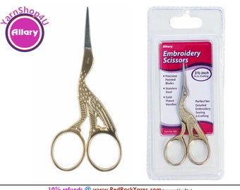 Allary Stork Embroidery Scissors 3.5 inch. Ultra sharp gold handle classic stork shape.  #260