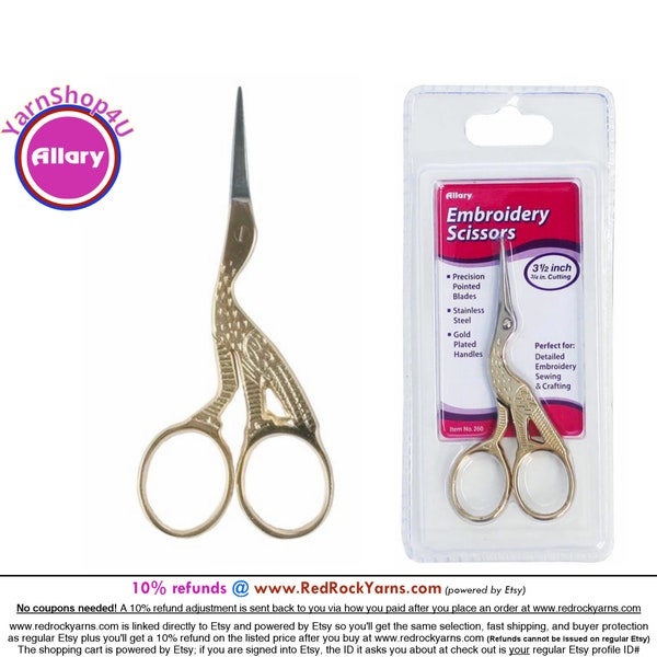 Allary Stork Embroidery Scissors 3.5 inch. Ultra sharp gold handle classic stork shape.  #260