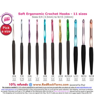 Susan Bates Silvalume Soft Ergonomic Crochet Hooks with Cushioned Grip. Item #12606. Available in E, F, G, 7, H, I, J, K, L, M, N (3.5-10mm)