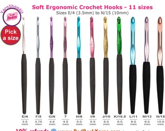 Susan Bates Silvalume Soft Ergonomic Crochet Hooks with Cushioned Grip. Item #12606. Available in E, F, G, 7, H, I, J, K, L, M, N (3.5-10mm)