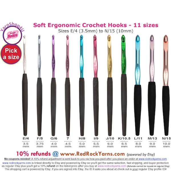 Susan Bates Silvalume Soft Ergonomic Crochet Hooks with Cushioned Grip. Item #12606. Available in E, F, G, 7, H, I, J, K, L, M, N (3.5-10mm)