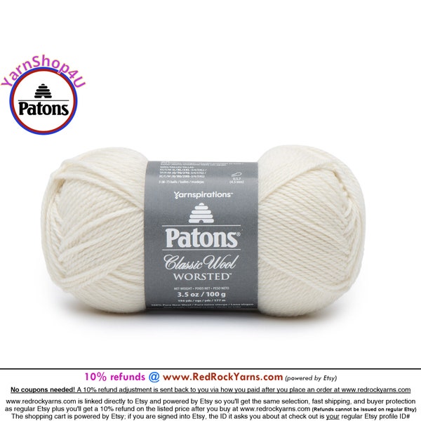 WINTER WHITE - Patons Classic Wool Worsted Yarn Medium Weight (4). 100% wool yarn. 3.5oz | 194 yards (100g | 177m)