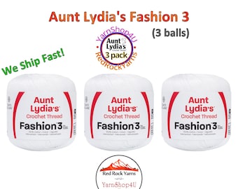 WHITE Fashion 3 Size Aunt Lydia Crochet Thread. One 3 Pack of Aunt Lydia's Fashion 3 Crochet Thread. 3 balls/150yds each. Item #182.0201