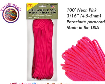 CLEARANCE! 100' Neon Pink 550 Paracord. Soft Nylon parachute cord is good for crafts (not for climbing) Pepperell. USA MADE- PARA10025