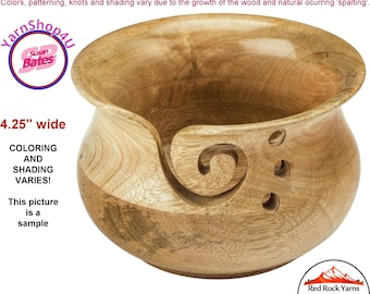 Mango Wood Yarn Bowl. Small Susan Bates Yarn Holder with swirl and 3 holes. 4.25" wide 3.5" deep. WOOD SHADES VARY!