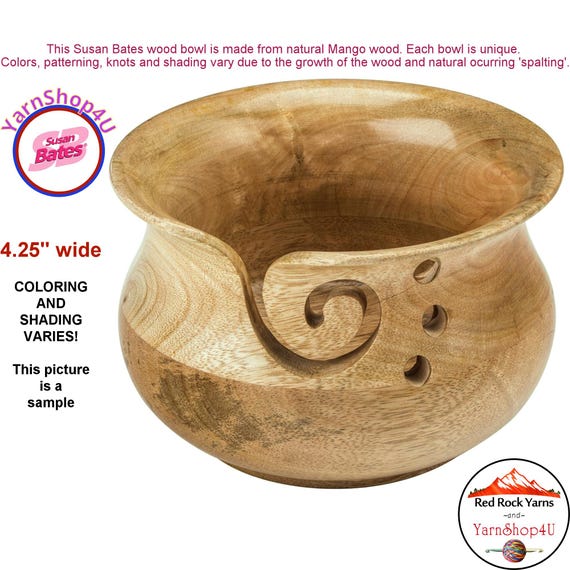 Mango Wood Yarn Bowl. Small Susan Bates Yarn Holder with swirl and 3 holes. 4.25" wide 3.5" deep. WOOD SHADES VARY!