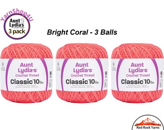3 pack BRIGHT CORAL Aunt Lydia's Classic 10 Crochet Thread. 350yds. #154-0672