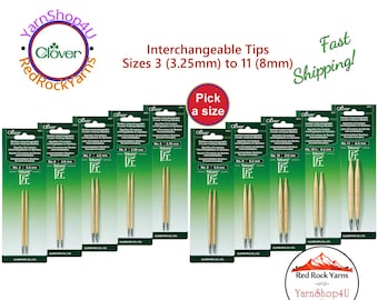 Clover Interchangeable Circular Knitting Needle Tips - Bamboo Takumi tips available in 10 sizes No 3 - 11 (3.75mm to 8.0mm) SKUs 3633-3641
