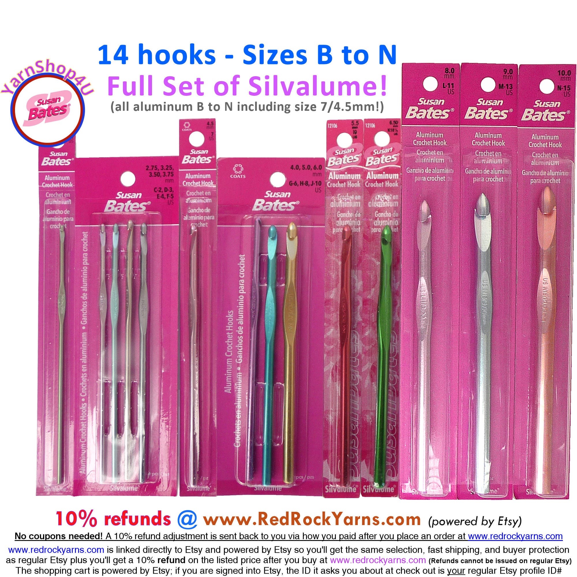 14pc Susan Bates Silvalume Crochet hooks in sizes B to N. A complete set!  Sizes B, C, D, E, F, G, 7, H, I, J, K, L, M, N Crochet hook set.