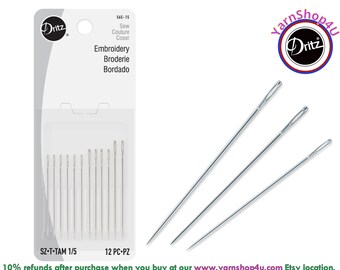 Dritz Embroidery Needles. Size 1/5. Sizes 1, 3, and 5 For General Purpose Sewing, Embroidery, and Crewel. 12 Needles/pkg. #56E-15