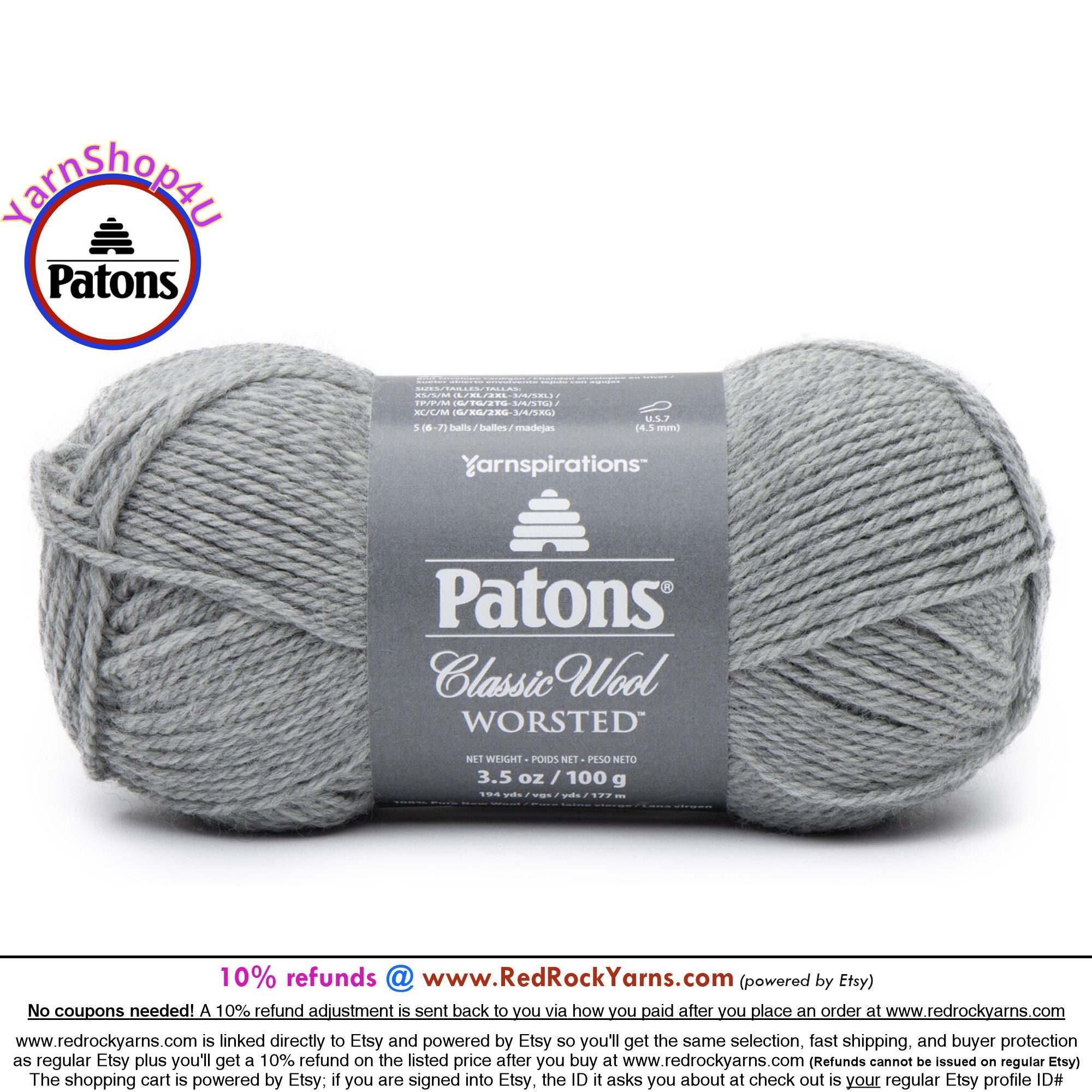 GRAY MIX Patons Classic Wool Worsted Yarn Medium Weight 4. 100% Wool Yarn.  3.5oz 194 Yards 100g 177m 