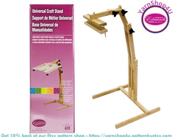 Universal Craft Stand. Frank Edmunds wood floor stand for hoops, stretchers bars, scroll frames. Adjusts for height, angle, L or R use #6111